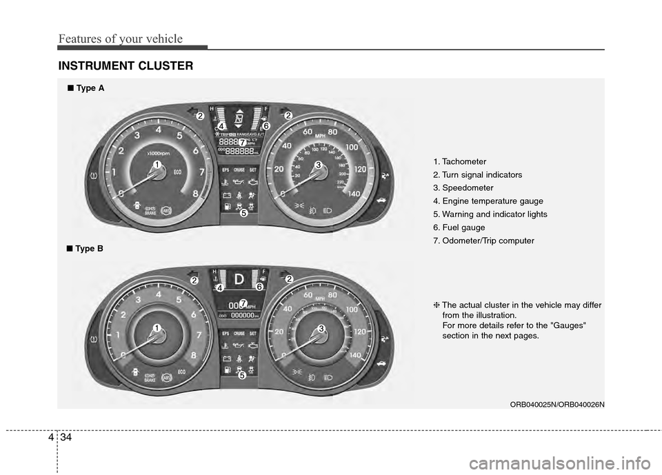 Hyundai Accent 2012  Owners Manual Features of your vehicle
34
4
INSTRUMENT CLUSTER
1. Tachometer 
2. Turn signal indicators
3. Speedometer
4. Engine temperature gauge
5. Warning and indicator lights
6. Fuel gauge
7. Odometer/Trip comp