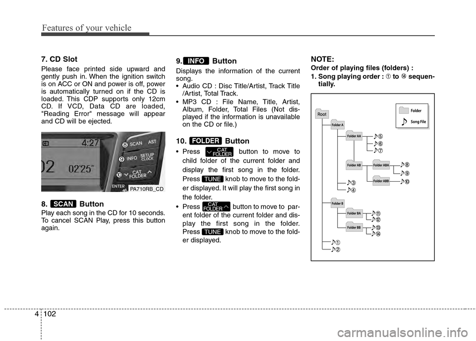 Hyundai Accent 2012  Owners Manual Features of your vehicle
102
4
7. CD Slot
Please face printed side upward and
gently push in. When the ignition switch
is on ACC or ON and power is off, power
is automatically turned on if the CD is
l