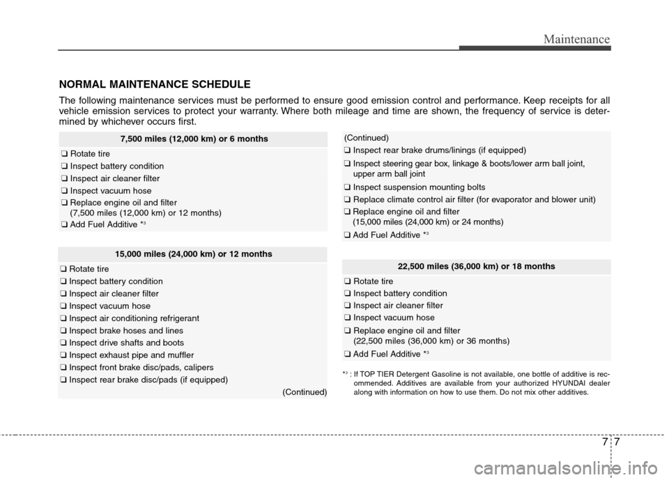 Hyundai Accent 2012  Owners Manual 77
Maintenance
NORMAL MAINTENANCE SCHEDULE
The following maintenance services must be performed to ensure good emission control and performance. Keep receipts for all
vehicle emission services to prot
