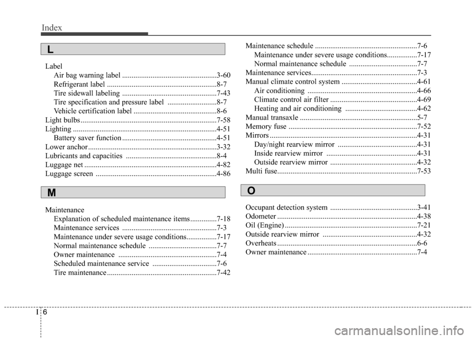 Hyundai Accent 2012  Owners Manual Index
6I
LabelAir bag warning label ..................................................3-60
Refrigerant label ..........................................................8-7
Tire sidewall labeling ......