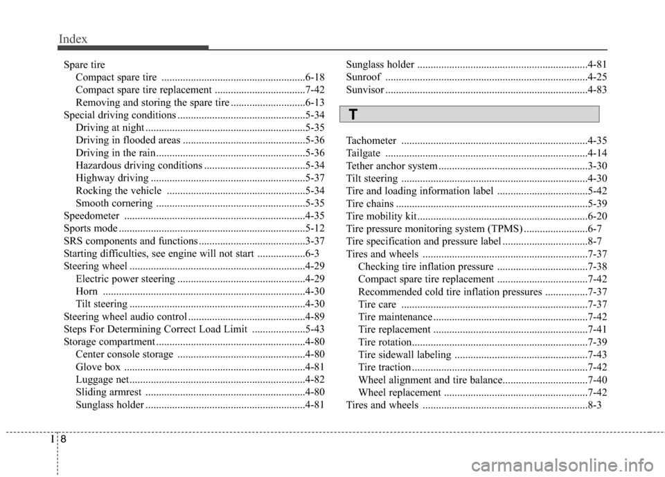 Hyundai Accent 2012  Owners Manual Index
8I
Spare tireCompact spare tire ......................................................6-18
Compact spare tire replacement ..................................7-42
Removing and storing the spare ti