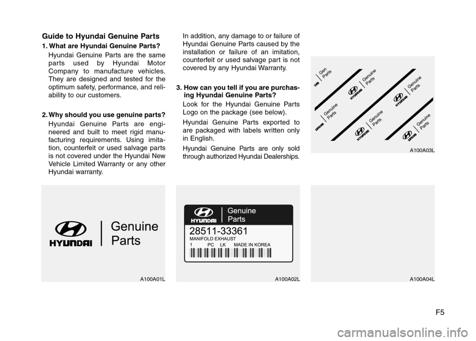 Hyundai Accent 2012 Owners Manual F5
Guide to Hyundai Genuine Parts
1. What are Hyundai Genuine Parts?
Hyundai Genuine Parts are the same
parts used by Hyundai Motor
Company to manufacture vehicles.
They are designed and tested for th Hyundai Accent 2012 Owners Manual F5
Guide to Hyundai Genuine Parts
1. What are Hyundai Genuine Parts?
Hyundai Genuine Parts are the same
parts used by Hyundai Motor
Company to manufacture vehicles.
They are designed and tested for th
