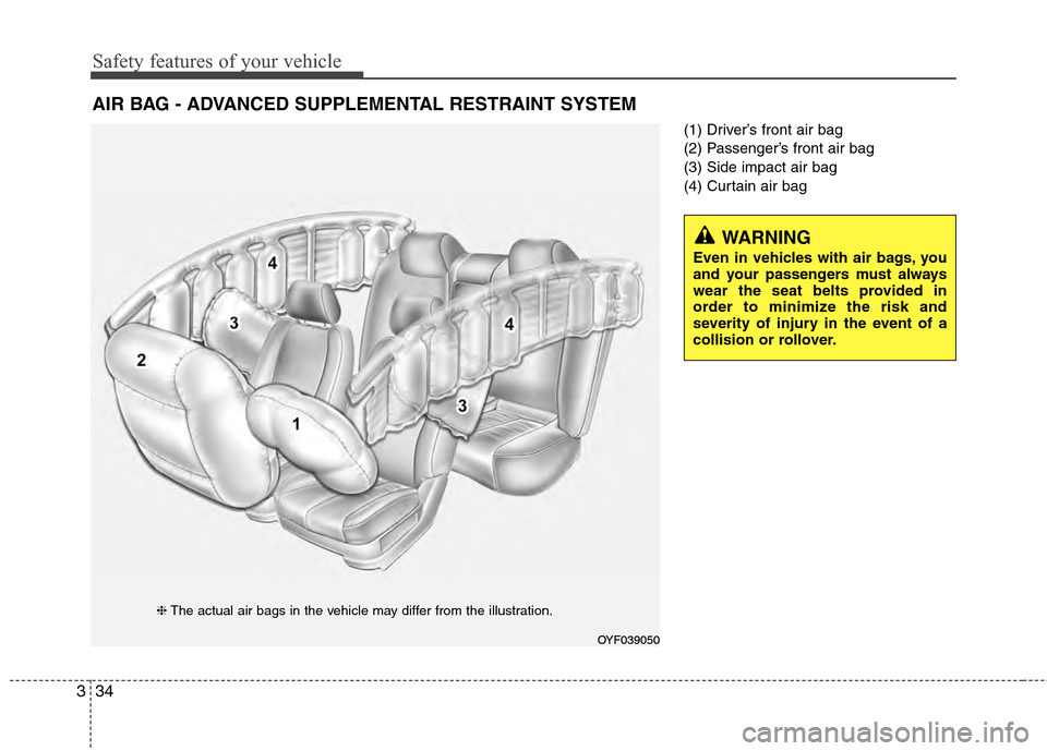 Hyundai Accent 2012 Workshop Manual Safety features of your vehicle
34
3
(1) Driver’s front air bag
(2) Passenger’s front air bag
(3) Side impact air bag
(4) Curtain air bag
AIR BAG - ADVANCED SUPPLEMENTAL RESTRAINT SYSTEM
WARNING Hyundai Accent 2012 Workshop Manual Safety features of your vehicle
34
3
(1) Driver’s front air bag
(2) Passenger’s front air bag
(3) Side impact air bag
(4) Curtain air bag
AIR BAG - ADVANCED SUPPLEMENTAL RESTRAINT SYSTEM
WARNING