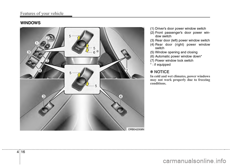 Hyundai Accent 2012 Owners Manual Features of your vehicle
16
4
(1) Driver’s door power window switch
(2) Front passenger’s door power win-
dow switch
(3) Rear door (left) power window switch
(4)  Rear door (right) power window
sw