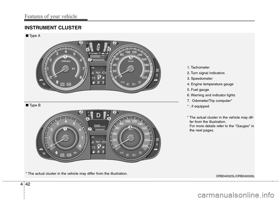 Hyundai Accent 2012  Owners Manual - RHD (UK. Australia) Features of your vehicle
42
4
INSTRUMENT CLUSTER
ORB040025L/ORB040026L
* The actual cluster in the vehicle may differ from the illustration. 1. Tachometer  
2. Turn signal indicators
3. Speedometer
4.