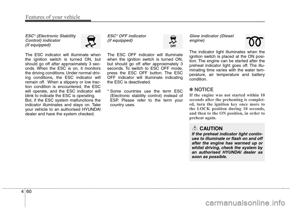 Hyundai Accent 2012  Owners Manual - RHD (UK. Australia) Features of your vehicle
60
4
ESC* (Electronic Stability
Control) indicator (if equipped)
The ESC indicator will illuminate when 
the ignition switch is turned ON, but
should go off after approximatel