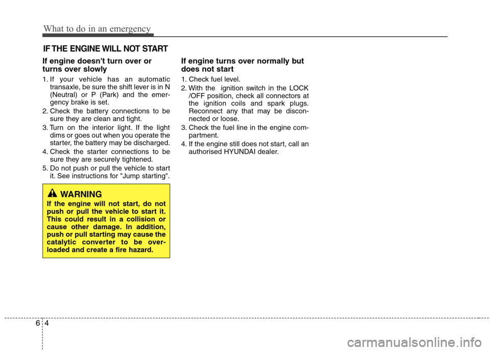 Hyundai Accent 2012  Owners Manual - RHD (UK. Australia) What to do in an emergency
4
6
IF THE ENGINE WILL NOT START
If engine doesnt turn over or 
turns over slowly 
1. If your vehicle has an automatic
transaxle, be sure the shift lever is in N 
(Neutral)