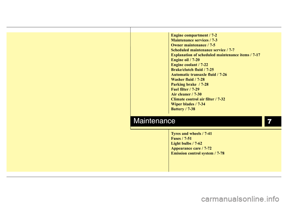 Hyundai Accent 2012  Owners Manual - RHD (UK. Australia) 7
Engine compartment / 7-2 Maintenance services / 7-3
Owner maintenance / 7-5Scheduled maintenance service / 7-7Explanation of scheduled maintenance items / 7-17Engine oil / 7-20Engine coolant / 7-22B