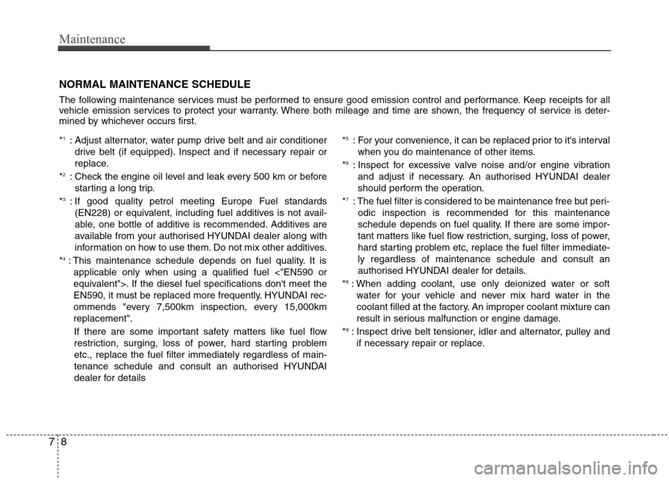 Hyundai Accent 2012  Owners Manual - RHD (UK. Australia) Maintenance
8
7
NORMAL MAINTENANCE SCHEDULE 
The following maintenance services must be performed to ensure good emission control and performance. Keep receipts for all 
vehicle emission services to p