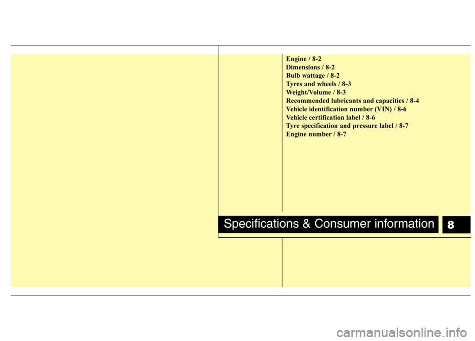 Hyundai Accent 2012  Owners Manual - RHD (UK. Australia) 8
Engine / 8-2 Dimensions / 8-2Bulb wattage / 8-2
Tyres and wheels / 8-3
Weight/Volume / 8-3Recommended lubricants and capacities / 8-4
Vehicle identification number (VIN) / 8-6
Vehicle certification 