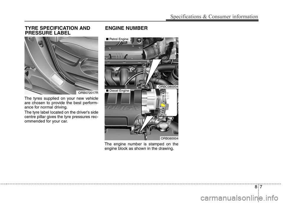 Hyundai Accent 2012  Owners Manual - RHD (UK. Australia) 87
Specifications & Consumer information
The tyres supplied on your new vehicle 
are chosen to provide the best perform-
ance for normal driving. 
The tyre label located on the drivers side 
centre p
