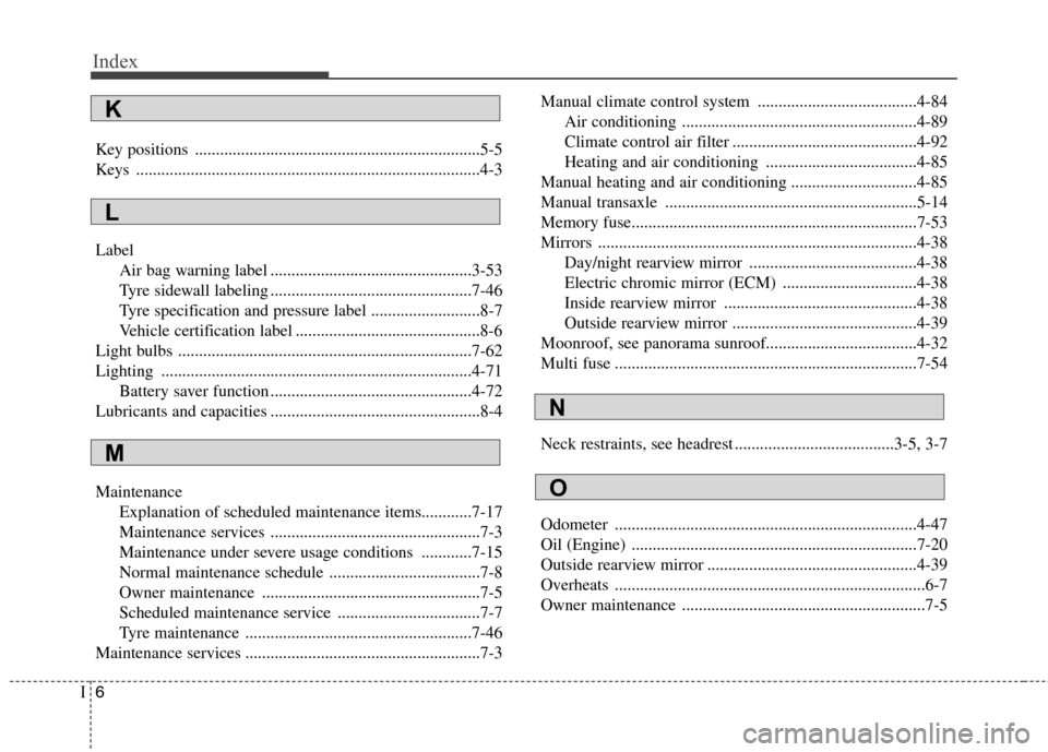 Hyundai Accent 2012 Owners Manual - RHD (UK. Australia) Index
6
I
Key positions ....................................................................5-5
Keys ..................................................................................4-3 Label
Air ba Hyundai Accent 2012 Owners Manual - RHD (UK. Australia) Index
6
I
Key positions ....................................................................5-5
Keys ..................................................................................4-3 Label
Air ba
