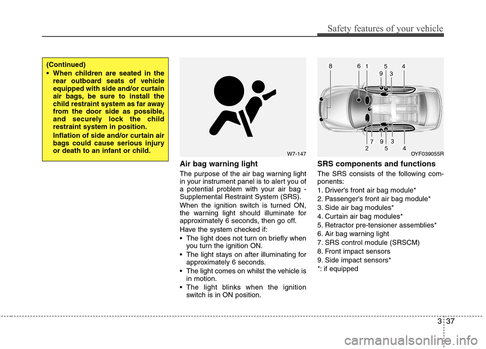 Hyundai Accent 2012   - RHD (UK. Australia) Workshop Manual 337
Safety features of your vehicle
Air bag warning light 
The purpose of the air bag warning light 
in your instrument panel is to alert you of
a potential problem with your air bag -
Supplemental Re