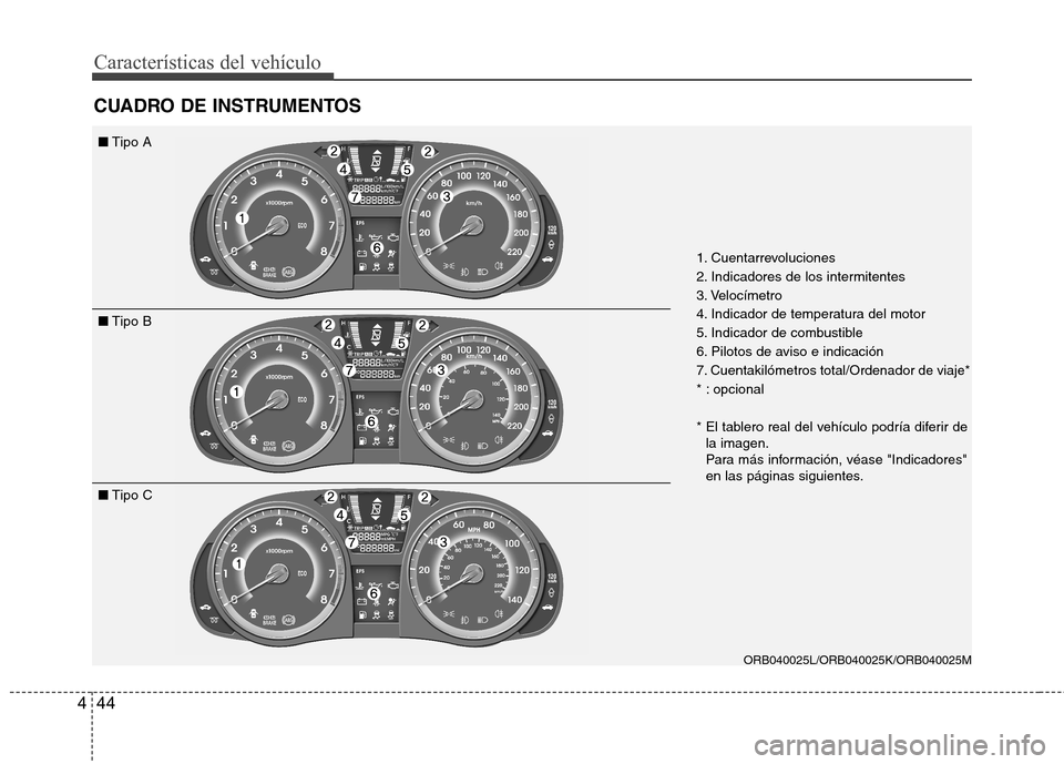 Hyundai Accent 2012 Manual del propietario (in Spanish) Características del vehículo
44
4
CUADRO DE INSTRUMENTOS
1. Cuentarrevoluciones
2. Indicadores de los intermitentes
3. Velocímetro
4. Indicador de temperatura del motor
5. Indicador de combustible Hyundai Accent 2012 Manual del propietario (in Spanish) Características del vehículo
44
4
CUADRO DE INSTRUMENTOS
1. Cuentarrevoluciones
2. Indicadores de los intermitentes
3. Velocímetro
4. Indicador de temperatura del motor
5. Indicador de combustible