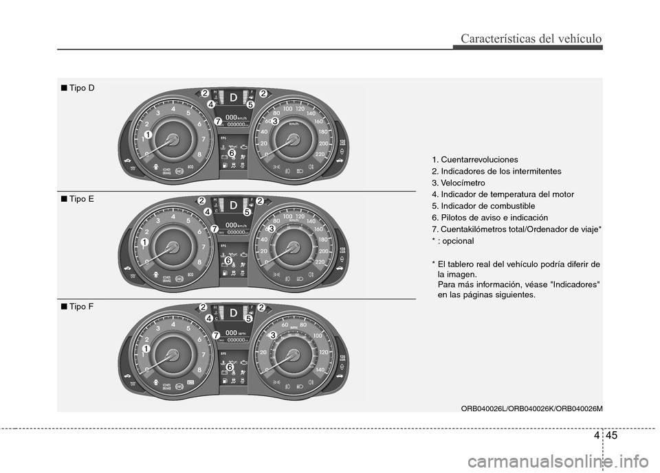 Hyundai Accent 2012 Manual del propietario (in Spanish) 445
Características del vehículo
1. Cuentarrevoluciones
2. Indicadores de los intermitentes
3. Velocímetro
4. Indicador de temperatura del motor
5. Indicador de combustible
6. Pilotos de aviso e i Hyundai Accent 2012 Manual del propietario (in Spanish) 445
Características del vehículo
1. Cuentarrevoluciones
2. Indicadores de los intermitentes
3. Velocímetro
4. Indicador de temperatura del motor
5. Indicador de combustible
6. Pilotos de aviso e i