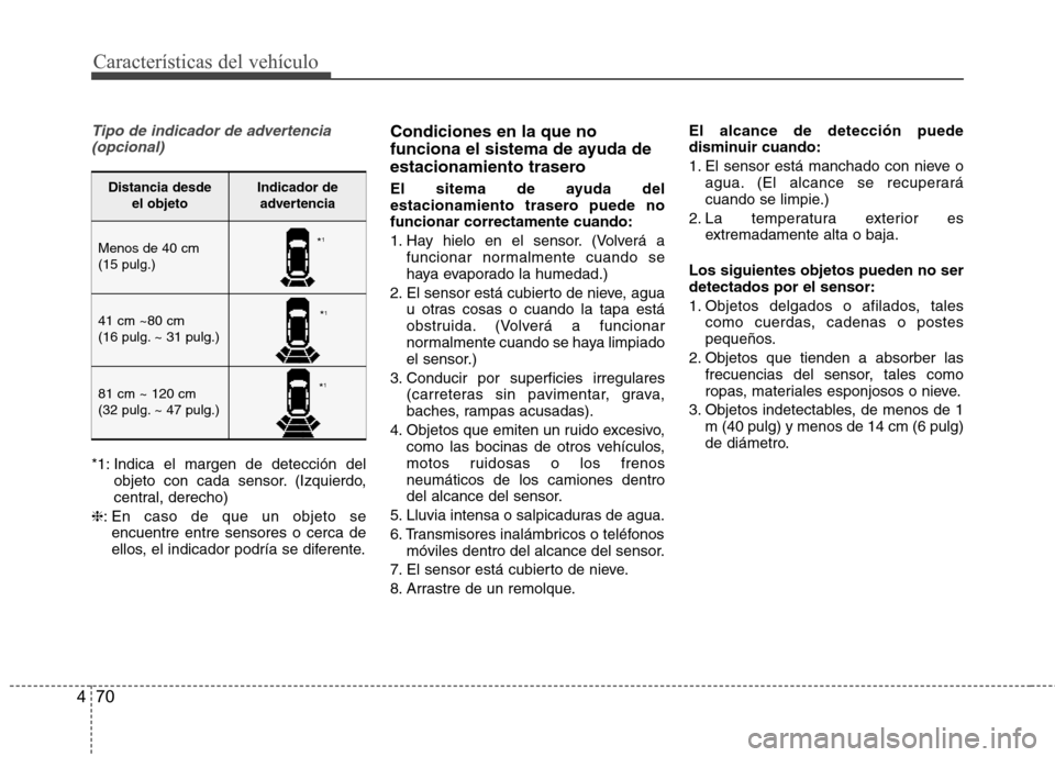 Hyundai Accent 2012 Manual del propietario (in Spanish) Características del vehículo
70
4
Tipo de indicador de advertencia
(opcional)
*1: Indica el margen de detección del objeto con cada sensor. (Izquierdo,
central, derecho)
❈ : En caso de que un o Hyundai Accent 2012 Manual del propietario (in Spanish) Características del vehículo
70
4
Tipo de indicador de advertencia
(opcional)
*1: Indica el margen de detección del objeto con cada sensor. (Izquierdo,
central, derecho)
❈ : En caso de que un o