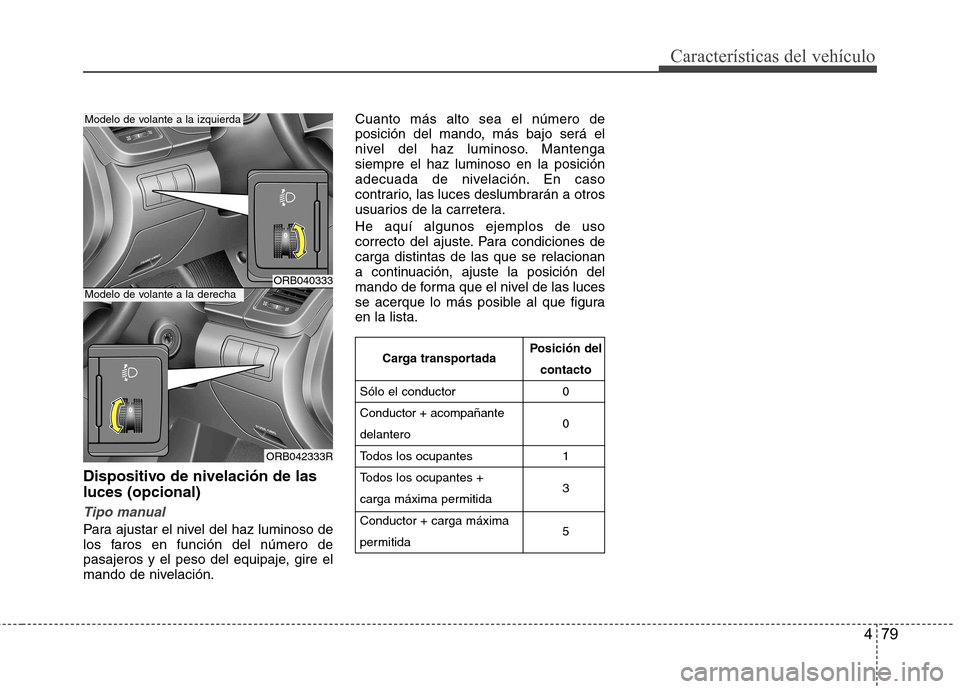 Hyundai Accent 2012 Manual del propietario (in Spanish) 479
Características del vehículo
Dispositivo de nivelación de las luces (opcional)
Tipo manual
Para ajustar el nivel del haz luminoso de
los faros en función del número de
pasajeros y el peso de Hyundai Accent 2012 Manual del propietario (in Spanish) 479
Características del vehículo
Dispositivo de nivelación de las luces (opcional)
Tipo manual
Para ajustar el nivel del haz luminoso de
los faros en función del número de
pasajeros y el peso de