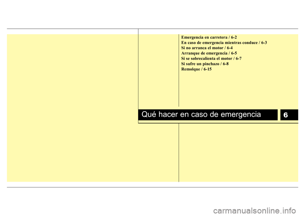 Hyundai Accent 2012  Manual del propietario (in Spanish) 6
Emergencia en carretera / 6-2 En caso de emergencia mientras conduce / 6-3
Si no arranca el motor / 6-4Arranque de emergencia / 6-5
Si se sobrecalienta el motor / 6-7
Si sufre un pinchazo / 6-8Remol