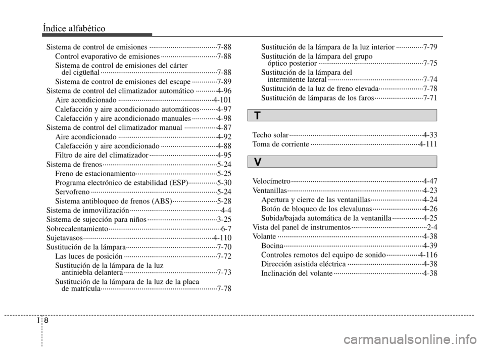 Hyundai Accent 2012 Manual del propietario (in Spanish) Índice alfabético
8
I
Sistema de control de emisiones ···································7-88
Control evaporativo de emisiones ·················· Hyundai Accent 2012 Manual del propietario (in Spanish) Índice alfabético
8
I
Sistema de control de emisiones ···································7-88
Control evaporativo de emisiones ··················