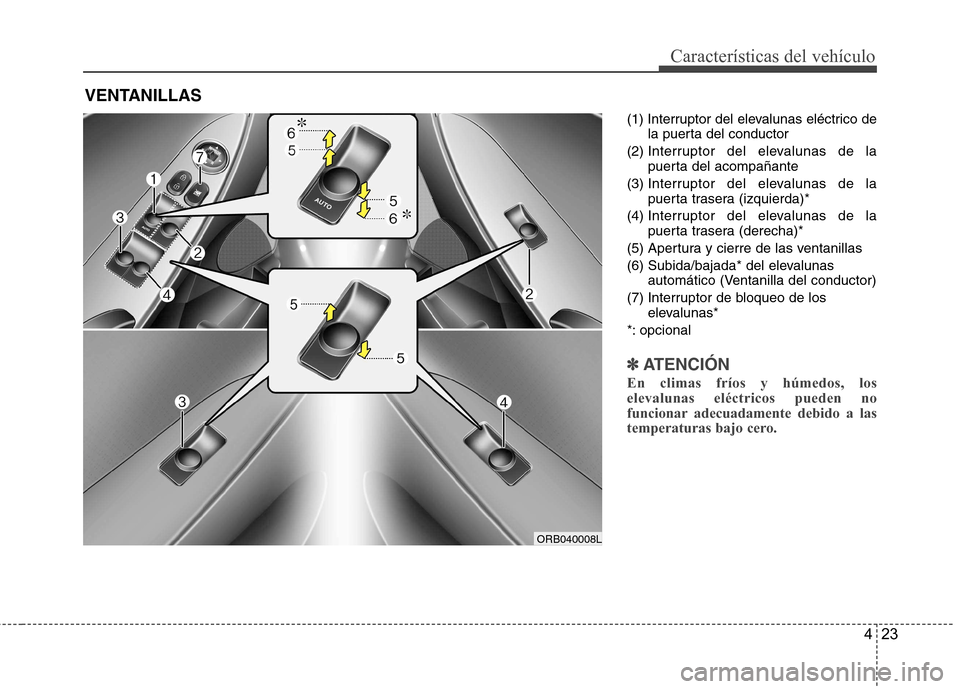 Hyundai Accent 2012 Manual del propietario (in Spanish) 423
CaracterÃsticas del vehÃculo
(1) Interruptor del elevalunas eléctrico dela puerta del conductor
(2) Interruptor del elevalunas de la
puerta del acompañante
(3) Interruptor del elevalunas de Hyundai Accent 2012 Manual del propietario (in Spanish) 423
CaracterÃsticas del vehÃculo
(1) Interruptor del elevalunas eléctrico dela puerta del conductor
(2) Interruptor del elevalunas de la
puerta del acompañante
(3) Interruptor del elevalunas de