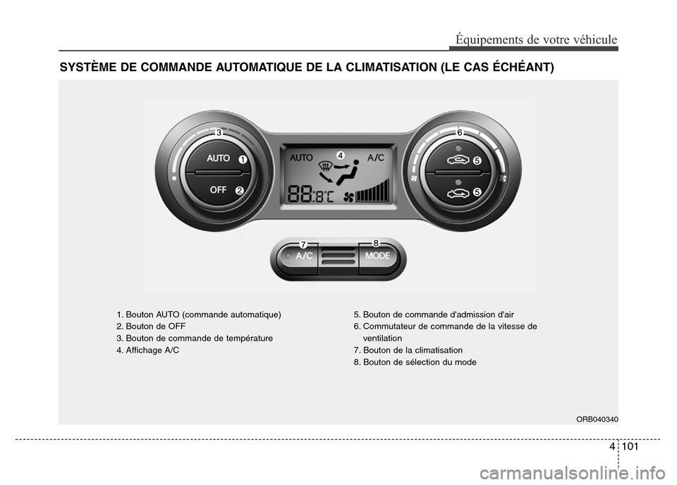 Hyundai Accent 2012 Manuel du propriétaire (in French) 4 101
Équipements de votre véhicule
SYSTÈME DE COMMANDE AUTOMATIQUE DE LA CLIMATISATION (LE CAS ÉCHÉANT)
1. Bouton AUTO (commande automatique)
2. Bouton de OFF
3. Bouton de commande de températu Hyundai Accent 2012 Manuel du propriétaire (in French) 4 101
Équipements de votre véhicule
SYSTÈME DE COMMANDE AUTOMATIQUE DE LA CLIMATISATION (LE CAS ÉCHÉANT)
1. Bouton AUTO (commande automatique)
2. Bouton de OFF
3. Bouton de commande de températu