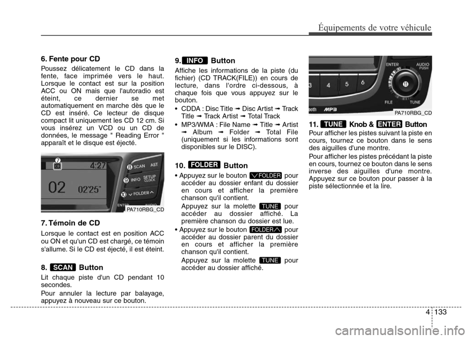 Hyundai Accent 2012 Manuel du propriétaire (in French) 4133
Équipements de votre véhicule
6. Fente pour CD
Poussez délicatement le CD dans la
fente, face imprimée vers le haut.
Lorsque le contact est sur la position
ACC ou ON mais que lautoradio est
Hyundai Accent 2012 Manuel du propriétaire (in French) 4133
Équipements de votre véhicule
6. Fente pour CD
Poussez délicatement le CD dans la
fente, face imprimée vers le haut.
Lorsque le contact est sur la position
ACC ou ON mais que lautoradio est