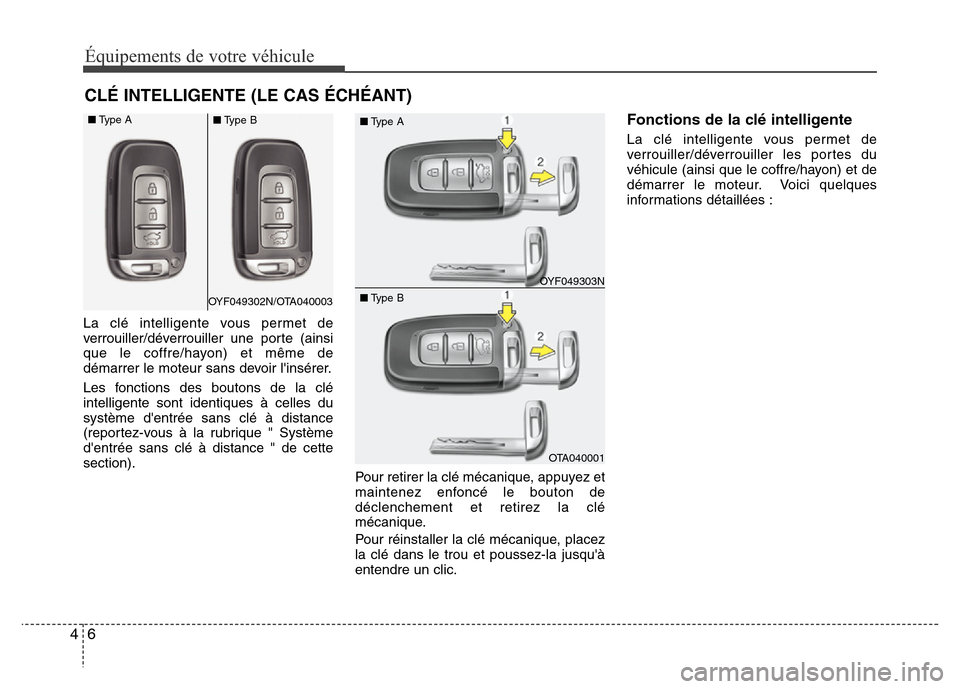 Hyundai Accent 2012  Manuel du propriétaire (in French) Équipements de votre véhicule
6 4
La clé intelligente vous permet de
verrouiller/déverrouiller une porte (ainsi
que le coffre/hayon) et même de
démarrer le moteur sans devoir linsérer.
Les fon