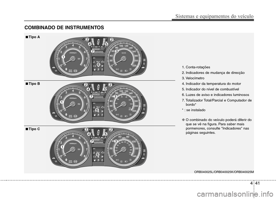 Hyundai Accent 2012 Manual do proprietário (in Portuguese) 441
Sistemas e equipamentos do veículo
COMBINADO DE INSTRUMENTOS
1. Conta-rotações
2. Indicadores de mudança de direcção
3. Velocímetro
4. Indicador da temperatura do motor
5. Indicador do n Hyundai Accent 2012 Manual do proprietário (in Portuguese) 441
Sistemas e equipamentos do veículo
COMBINADO DE INSTRUMENTOS
1. Conta-rotações
2. Indicadores de mudança de direcção
3. Velocímetro
4. Indicador da temperatura do motor
5. Indicador do n