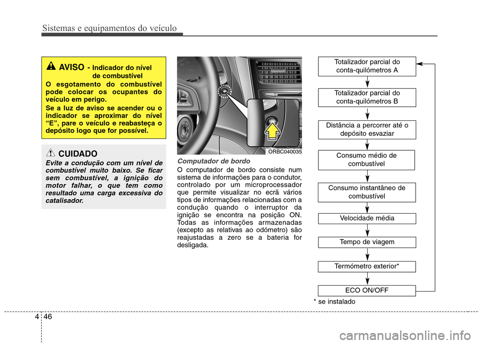 Hyundai Accent 2012 Manual do proprietário (in Portuguese) Sistemas e equipamentos do veículo
46
4
Computador de bordo
O computador de bordo consiste num
sistema de informações para o condutor,controlado por um microprocessador
que permite visualizar no e Hyundai Accent 2012 Manual do proprietário (in Portuguese) Sistemas e equipamentos do veículo
46
4
Computador de bordo
O computador de bordo consiste num
sistema de informações para o condutor,controlado por um microprocessador
que permite visualizar no e