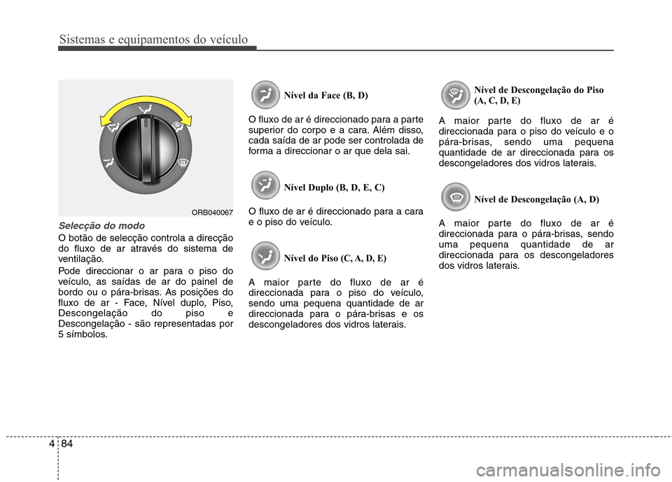 Hyundai Accent 2012 Manual do proprietário (in Portuguese) Sistemas e equipamentos do veículo
84
4
Selecção do modo
O botão de selecção controla a direcção
do fluxo de ar através do sistema de
ventilação.
Pode direccionar o ar para o piso do
ve Hyundai Accent 2012 Manual do proprietário (in Portuguese) Sistemas e equipamentos do veículo
84
4
Selecção do modo
O botão de selecção controla a direcção
do fluxo de ar através do sistema de
ventilação.
Pode direccionar o ar para o piso do
ve