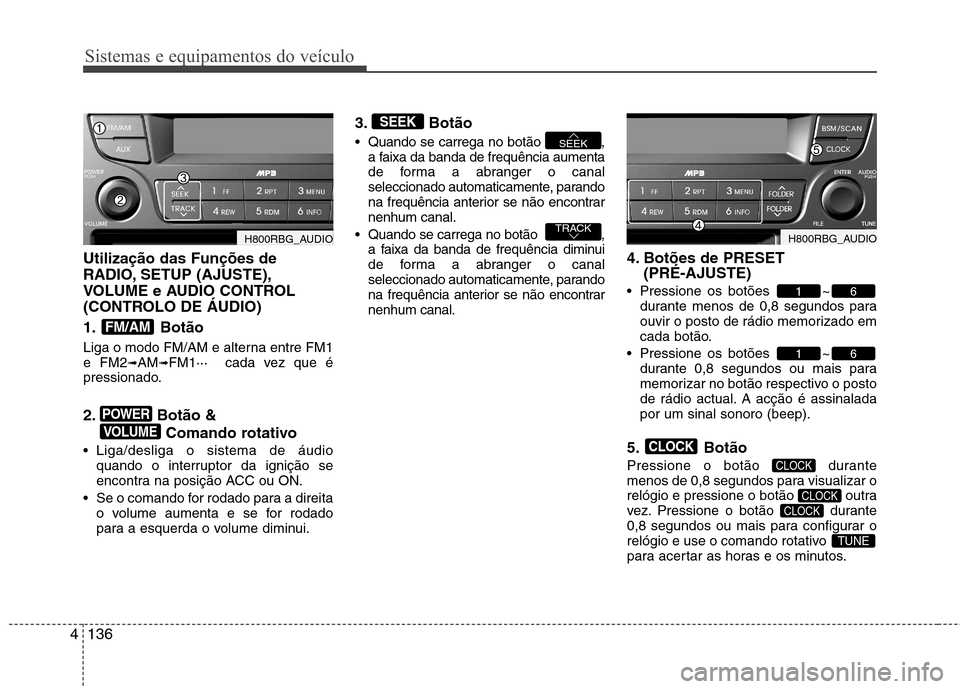 Hyundai Accent 2012 Manual do proprietário (in Portuguese) Sistemas e equipamentos do veículo
136
4
Utilização das Funções de
RADIO, SETUP (AJUSTE),
VOLUME e AUDIO CONTROL
(CONTROLO DE ÁUDIO)
1. Botão
Liga o modo FM/AM e alterna entre FM1 e FM2 ➟A Hyundai Accent 2012 Manual do proprietário (in Portuguese) Sistemas e equipamentos do veículo
136
4
Utilização das Funções de
RADIO, SETUP (AJUSTE),
VOLUME e AUDIO CONTROL
(CONTROLO DE ÁUDIO)
1. Botão
Liga o modo FM/AM e alterna entre FM1 e FM2 ➟A