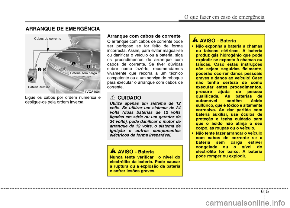 Hyundai Accent 2012 Manual do proprietário (in Portuguese) 65
O que fazer em caso de emergência
ARRANQUE DE EMERGÊNCIA
Ligue os cabos por ordem numérica e
desligue-os pela ordem inversa. Arranque com cabos de corrente
O arranque com cabos de corrente pod Hyundai Accent 2012 Manual do proprietário (in Portuguese) 65
O que fazer em caso de emergência
ARRANQUE DE EMERGÊNCIA
Ligue os cabos por ordem numérica e
desligue-os pela ordem inversa. Arranque com cabos de corrente
O arranque com cabos de corrente pod