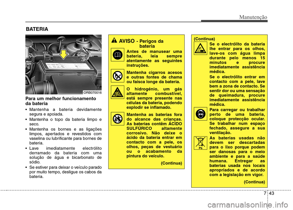 Hyundai Accent 2012  Manual do proprietário (in Portuguese) 743
Manutenção
BATERIA
Para um melhor funcionamento da bateria 
 Mantenha a bateria devidamente segura e apoiada.
 Mantenha o topo da bateria limpo e seco.
 Mantenha os bornes e as ligações limpos