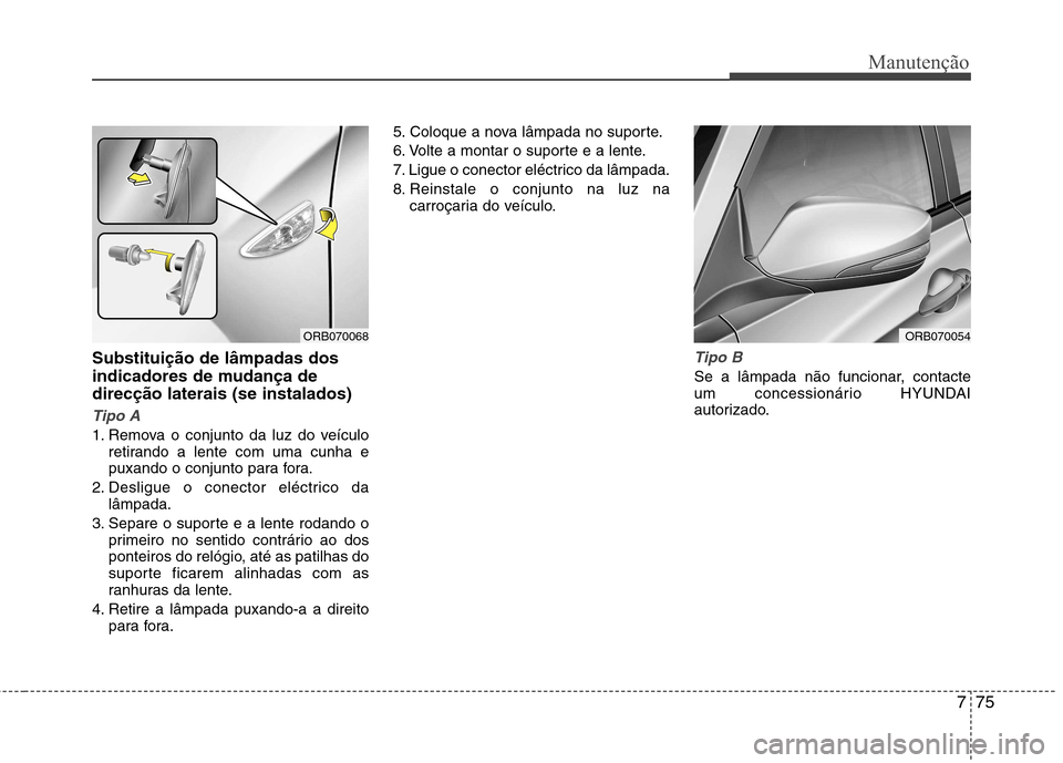 Hyundai Accent 2012  Manual do proprietário (in Portuguese) 775
Manutenção
Substituição de lâmpadas dos 
indicadores de mudança dedirecção laterais (se instalados) 
Tipo A
1. Remova o conjunto da luz do veículoretirando a lente com uma cunha e 
puxand