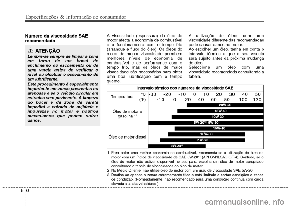 Hyundai Accent 2012  Manual do proprietário (in Portuguese) Especificações & Informação ao consumidor
6
8
Número da viscosidade SAE recomendada   A viscosidade (espessura) do óleo do 
motor afecta a economia de combustível
e o funcionamento com o tempo 