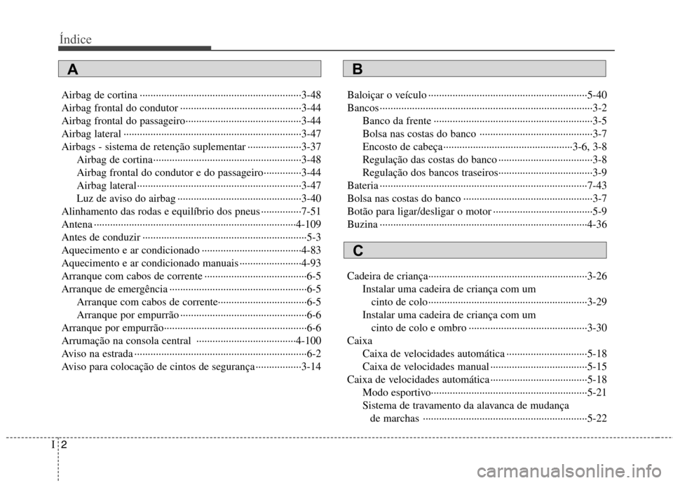 Hyundai Accent 2012  Manual do proprietário (in Portuguese) Índice
2
I
Airbag de cortina ····························································3-48 
Airbag frontal do condutor ········