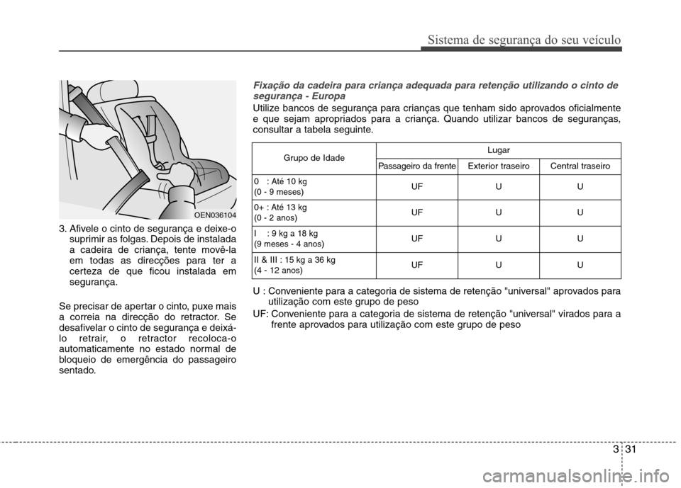 Hyundai Accent 2012  Manual do proprietário (in Portuguese) 331
Sistema de segurança do seu veículo
3. Afivele o cinto de segurança e deixe-osuprimir as folgas. Depois de instalada 
a cadeira de criança, tente movê-la
em todas as direcções para ter a
ce