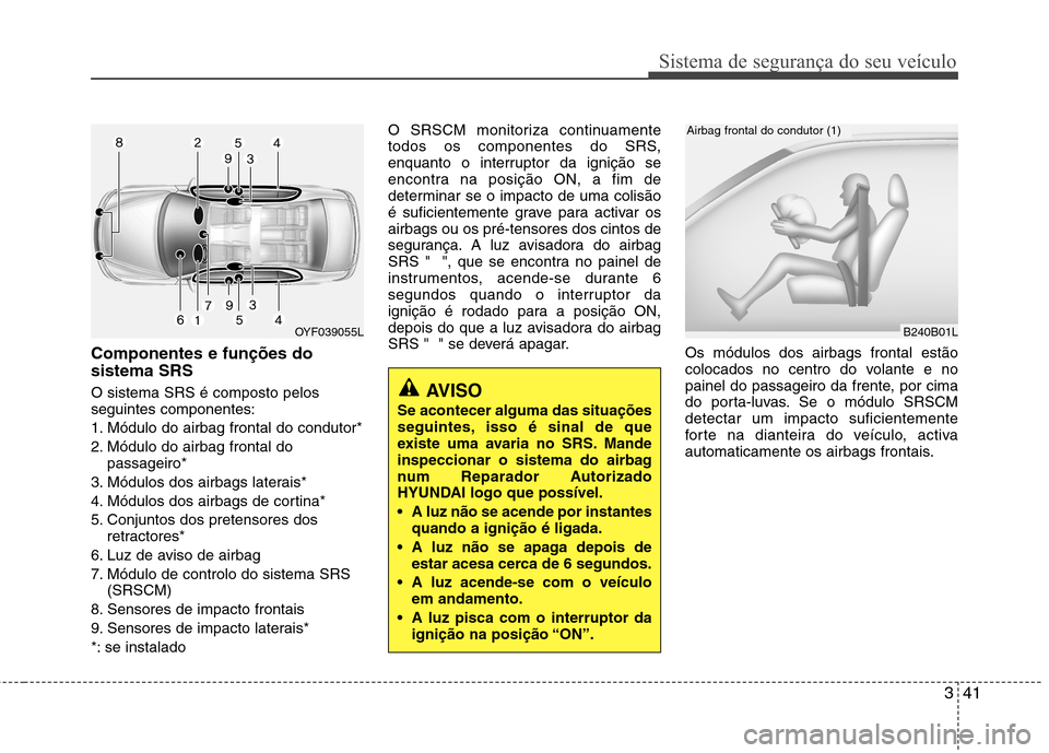 Hyundai Accent 2012 Manual do proprietário (in Portuguese) 341
Sistema de segurança do seu veículo
Componentes e funções do sistema SRS O sistema SRS é composto pelos seguintes componentes:
1. Módulo do airbag frontal do condutor*
2. Módulo do airbag Hyundai Accent 2012 Manual do proprietário (in Portuguese) 341
Sistema de segurança do seu veículo
Componentes e funções do sistema SRS O sistema SRS é composto pelos seguintes componentes:
1. Módulo do airbag frontal do condutor*
2. Módulo do airbag