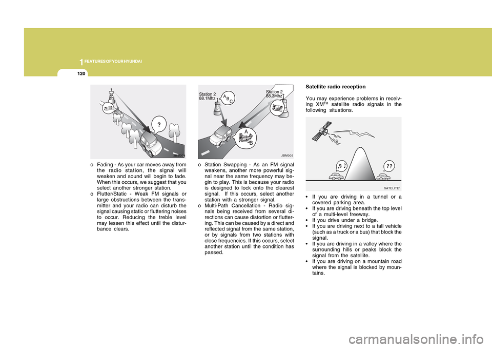 Hyundai Accent 2011  Owners Manual 1FEATURES OF YOUR HYUNDAI
120
o Station Swapping - As an FM signal
weakens, another more powerful sig-
nal near the same frequency may be-
gin to play. This is because your radio
is designed to lock o