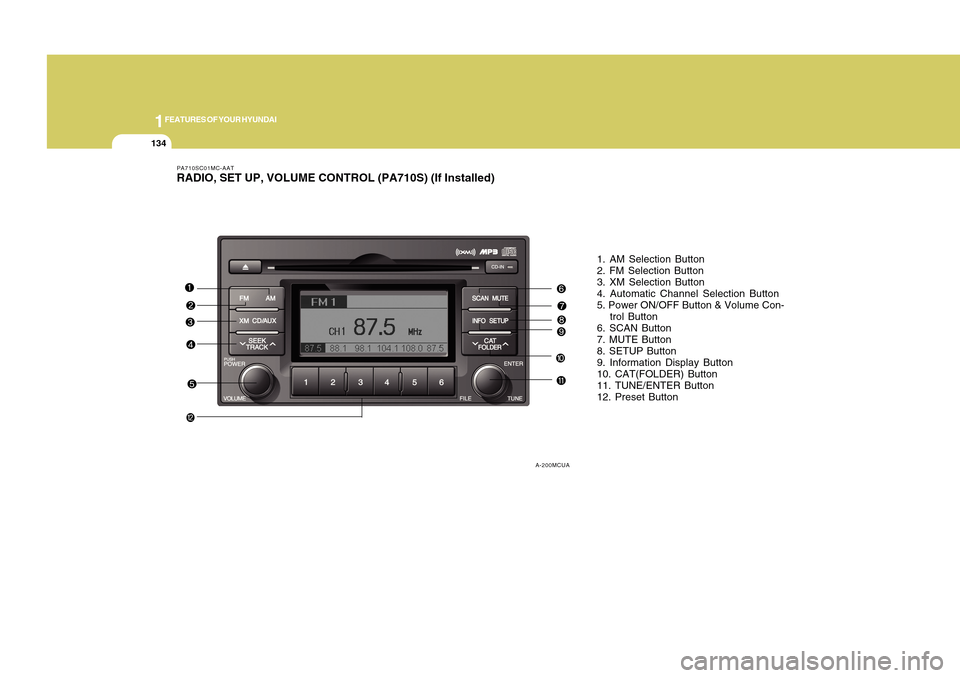 Hyundai Accent 2011  Owners Manual 1FEATURES OF YOUR HYUNDAI
134
PA710SC01MC-AATRADIO, SET UP, VOLUME CONTROL (PA710S) (If Installed)
1. AM Selection Button
2. FM Selection Button
3. XM Selection Button
4. Automatic Channel Selection B