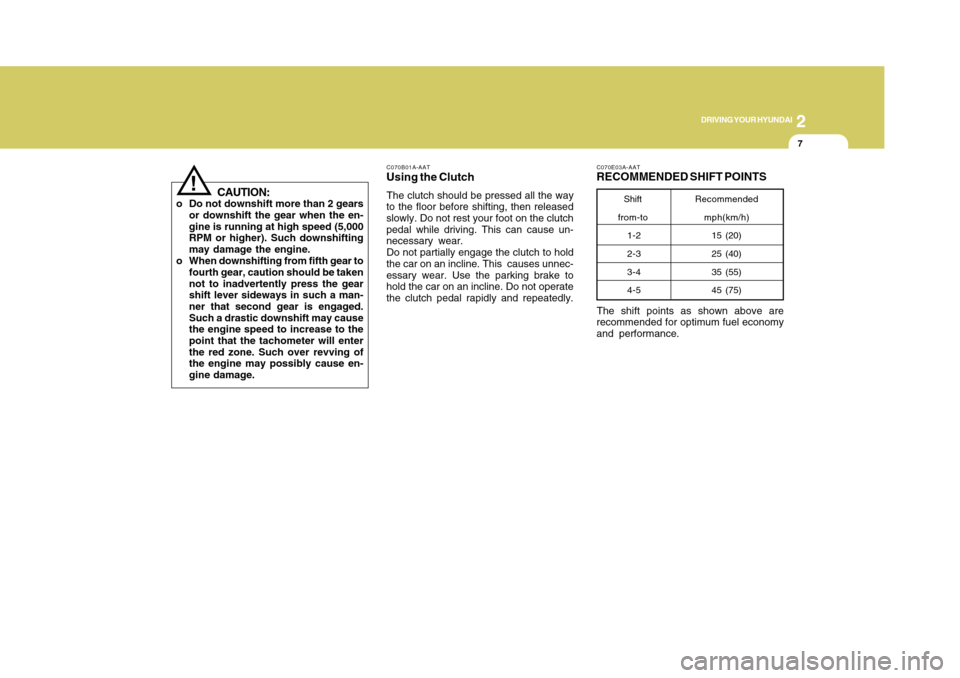 Hyundai Accent 2011 Owners Manual 7
DRIVING YOUR HYUNDAI
2
!
CAUTION:
o Do not downshift more than 2 gears
or downshift the gear when the en-
gine is running at high speed (5,000
RPM or higher). Such downshifting
may damage the engine Hyundai Accent 2011 Owners Manual 7
DRIVING YOUR HYUNDAI
2
!
CAUTION:
o Do not downshift more than 2 gears
or downshift the gear when the en-
gine is running at high speed (5,000
RPM or higher). Such downshifting
may damage the engine