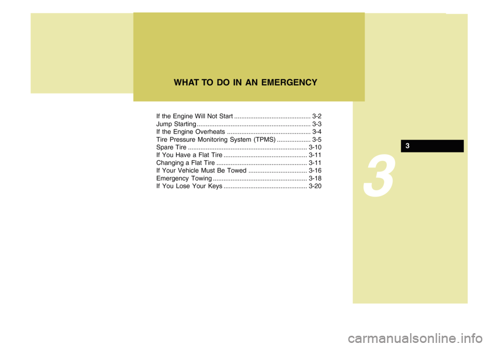 Hyundai Accent 2011  Owners Manual If the Engine Will Not Start ........................................... 3-2
Jump Starting ................................................................ 3-3
If the Engine Overheats ................