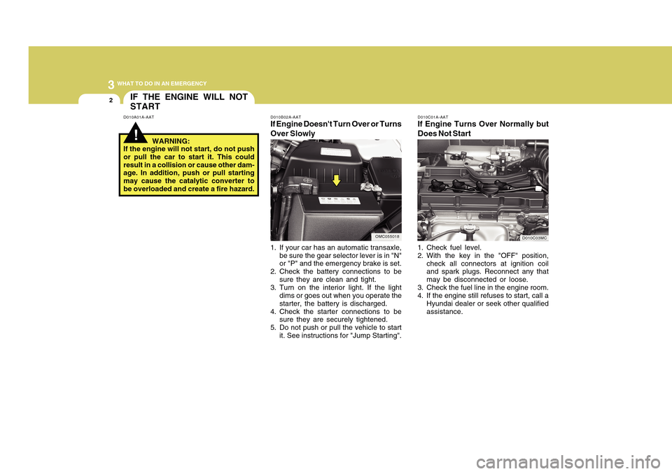 Hyundai Accent 2011  Owners Manual 32WHAT TO DO IN AN EMERGENCY
IF THE ENGINE WILL NOT
START!
D010B02A-AATIf Engine Doesnt Turn Over or Turns
Over Slowly
D010A01A-AATD010C01A-AAT
If Engine Turns Over Normally but
Does Not Start1. Chec