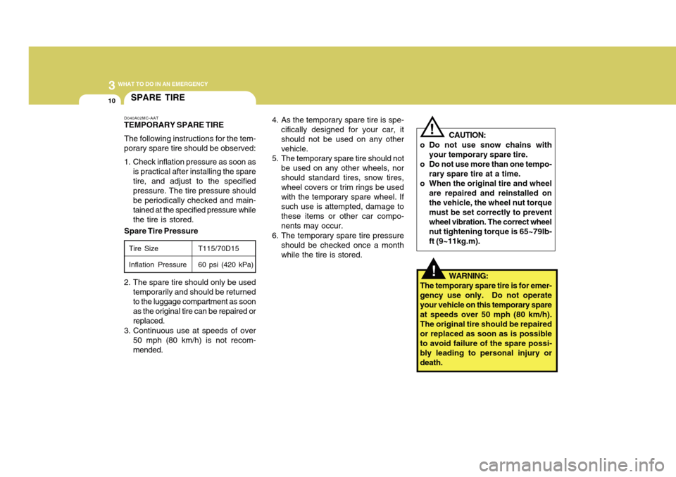 Hyundai Accent 2011 Owners Manual 310
WHAT TO DO IN AN EMERGENCY
4. As the temporary spare tire is spe-
cifically designed for your car, it
should not be used on any other
vehicle.
5. The temporary spare tire should not
be used on any Hyundai Accent 2011 Owners Manual 310
WHAT TO DO IN AN EMERGENCY
4. As the temporary spare tire is spe-
cifically designed for your car, it
should not be used on any other
vehicle.
5. The temporary spare tire should not
be used on any