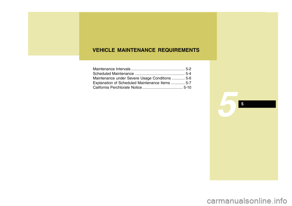 Hyundai Accent 2011 Owners Manual Maintenance Intervals ................................................... 5-2
Scheduled Maintenance ............................................... 5-4
Maintenance under Severe Usage Conditions ...... Hyundai Accent 2011 Owners Manual Maintenance Intervals ................................................... 5-2
Scheduled Maintenance ............................................... 5-4
Maintenance under Severe Usage Conditions ......