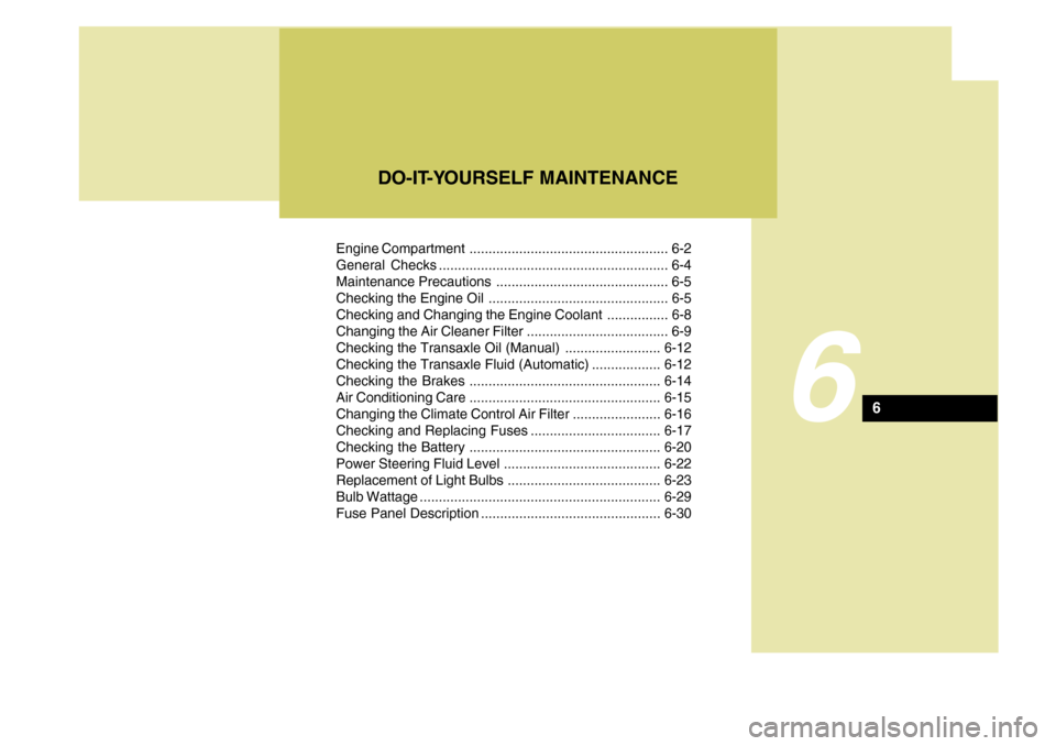 Hyundai Accent 2011  Owners Manual Engine Compartment .................................................... 6-2
General Checks ............................................................ 6-4
Maintenance Precautions ....................