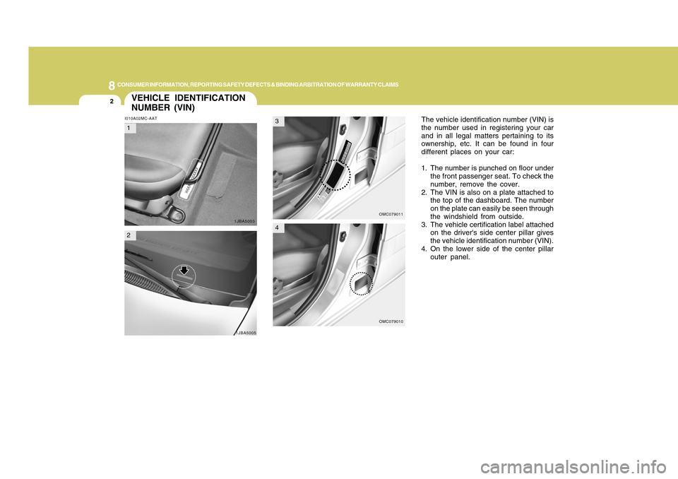 Hyundai Accent 2011  Owners Manual 8
CONSUMER INFORMATION, REPORTING SAFETY DEFECTS & BINDING ARBITRATION OF WARRANTY CLAIMS2
VEHICLE IDENTIFICATION
NUMBER (VIN)I010A02MC-AAT
The vehicle identification number (VIN) is
the number used i