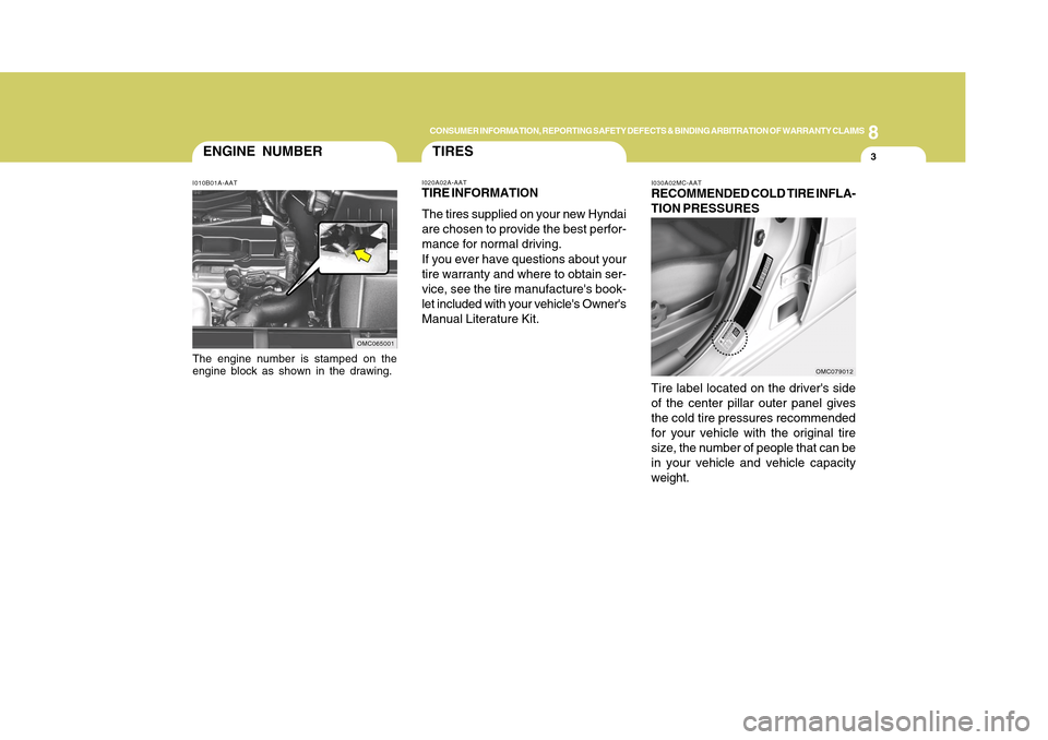 Hyundai Accent 2011  Owners Manual 8
CONSUMER INFORMATION, REPORTING SAFETY DEFECTS & BINDING ARBITRATION OF WARRANTY CLAIMS
3
ENGINE NUMBERI010B01A-AATThe engine number is stamped on the
engine block as shown in the drawing.
TIRESI020