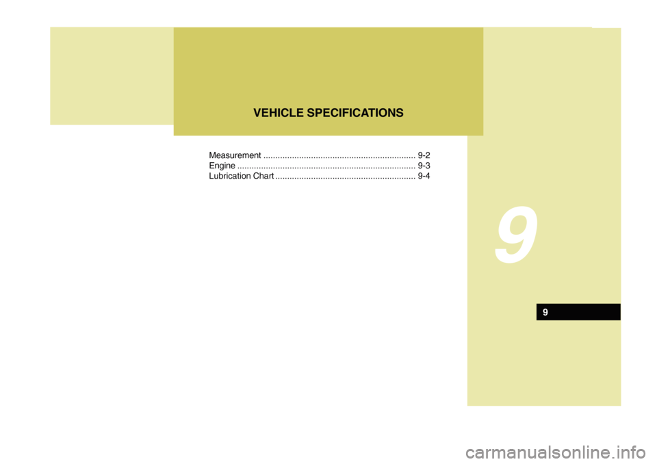Hyundai Accent 2011  Owners Manual Measurement................................................................ 9-2
Engine...........................................................................9-3
Lubrication Chart .................