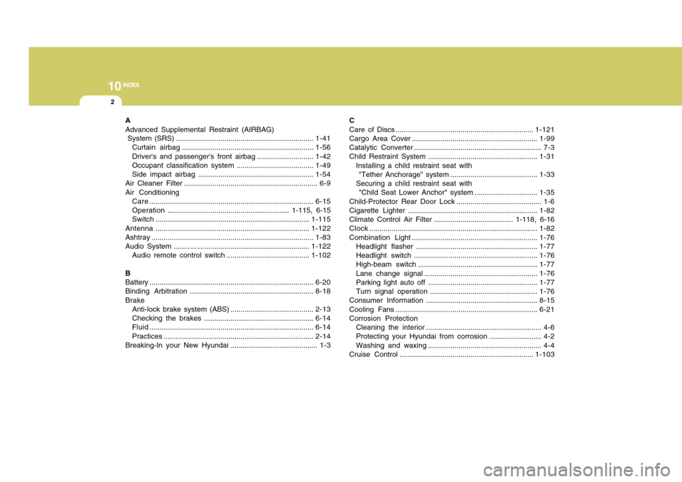 Hyundai Accent 2011  Owners Manual 10
INDEX
2
A
Advanced Supplemental Restraint (AIRBAG)
System (SRS) ....................................................................1-41
Curtain airbag .............................................